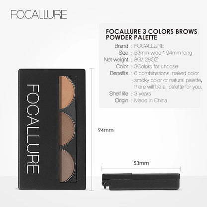 FOCALLURE Eyebrow Powder Palette 3 Colors Eyebrow Enhancer Waterproof Long Lasting Brows Pomade Easy to Wear Cosmetics Makeup