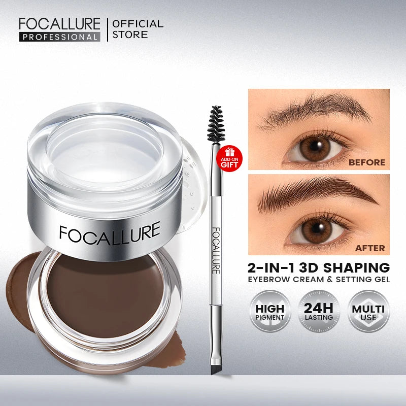 FOCALLURE 2 In 1 Eyebrow Pomade Gel Wax Makeup Waterproof Long Lasting 3 Colors Eyebrow Enhancer Cream Cosmetics With Brush