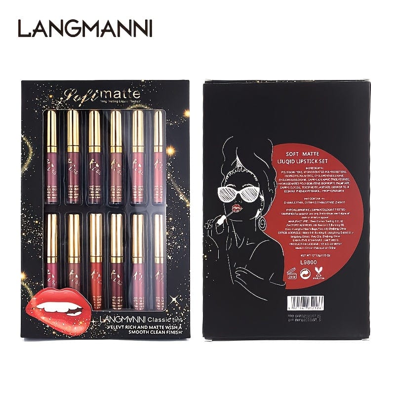 VAIRS® Beauty 12pcs LANGMANNI 12 Colors Lipstick Waterproof Long Lasting Natural Matte Sexy Women Moist Lip Gloss Nude Glitter Beauty Red Lip Tint Valentine's Day Gifts For Music Festival