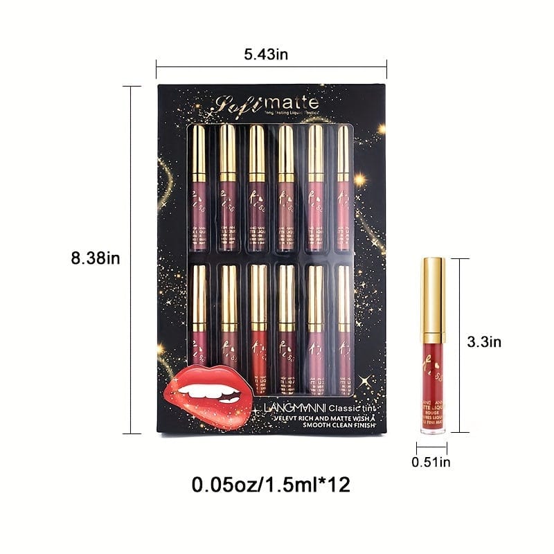 VAIRS® Beauty 12pcs LANGMANNI 12 Colors Lipstick Waterproof Long Lasting Natural Matte Sexy Women Moist Lip Gloss Nude Glitter Beauty Red Lip Tint Valentine's Day Gifts For Music Festival