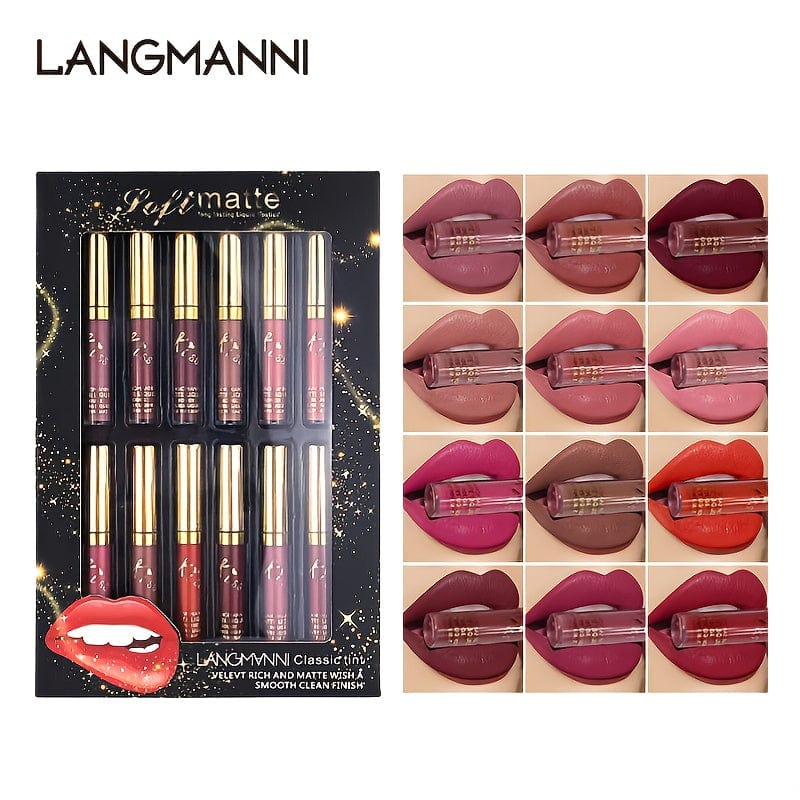 VAIRS® Beauty 12pcs LANGMANNI 12 Colors Lipstick Waterproof Long Lasting Natural Matte Sexy Women Moist Lip Gloss Nude Glitter Beauty Red Lip Tint Valentine's Day Gifts For Music Festival