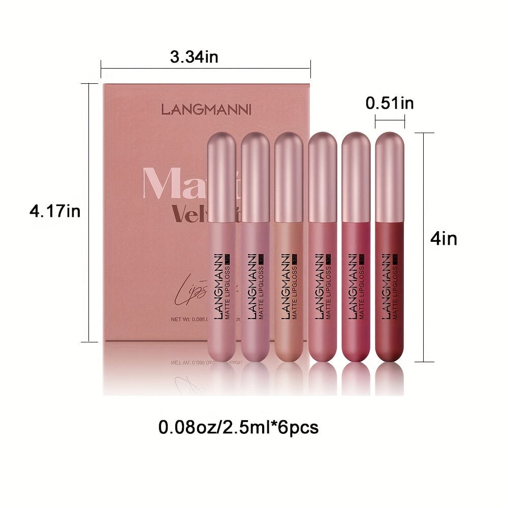 VAIRS® Beauty 6pcs LANGMANNI 6-pack Of Lip Gloss Matte Velvet Matte Lip Gloss, Waterproof Long Lasting Valentine's Day Gifts