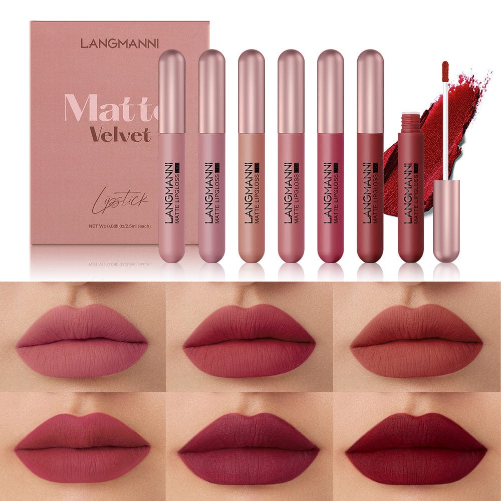 VAIRS® Beauty 6pcs LANGMANNI 6-pack Of Lip Gloss Matte Velvet Matte Lip Gloss, Waterproof Long Lasting Valentine's Day Gifts