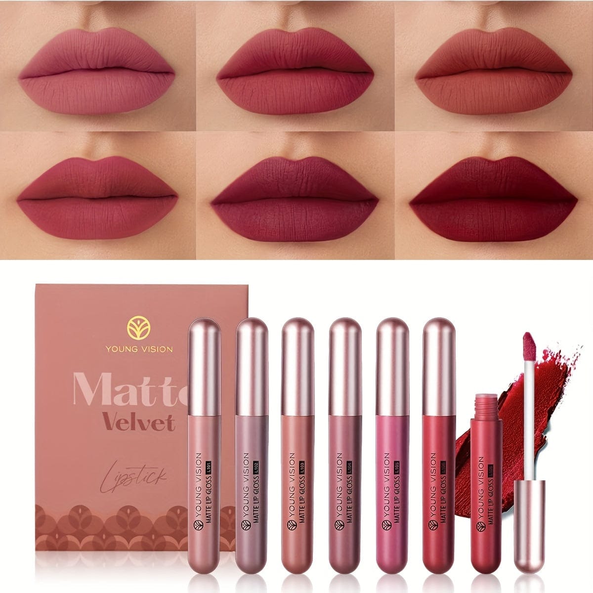 VAIRS® Beauty 6pcs-set YOUNG VISION 6-Pc Matte Nude Liquid Lipstick Set - Long-Lasting & Pigmented Shades, Lip Gloss Bundle Gift Collection for Girls/Women