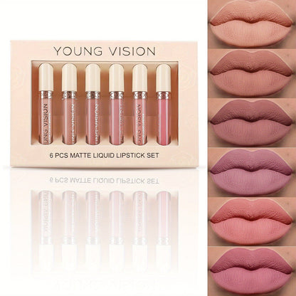 VAIRS® Beauty 6pcs-set YOUNG VISION Matte Nude Liquid Lipstick Sets, Long Lasting and Waterproof Pink/Brown Lip Stick Pack Bundles, Lip Gloss/Lip Stain Makeup Set for Women, Labiales Matte Larga Duracion 24