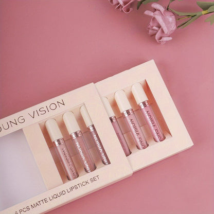 VAIRS® Beauty 6pcs-set YOUNG VISION Matte Nude Liquid Lipstick Sets, Long Lasting and Waterproof Pink/Brown Lip Stick Pack Bundles, Lip Gloss/Lip Stain Makeup Set for Women, Labiales Matte Larga Duracion 24