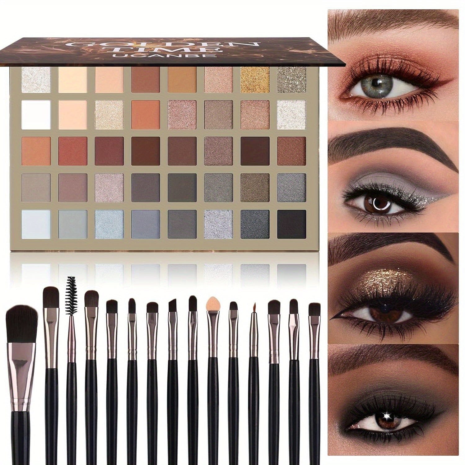 VAIRS® Beauty Golden Time UCANBE Nude Eyeshadow Palette + 15 PCS Makeup Brushes Set, 40 Color Matte Shimmer Glitter Eye Shadow, Neutral Black Dark Grey Smoky Make Up Pallet Gift Kit Highly Pigmented Long Lasting Waterproof