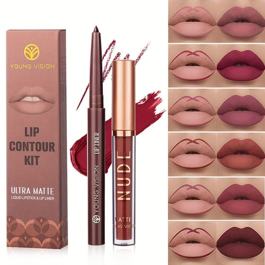 VAIRS® Beauty YOUNG VISION Liquid Lipstick & Lip liner Combo Set, Matte Lip Contour Kit - Durable, Waterproof, Kit de Labios Matte for Lasting Definition