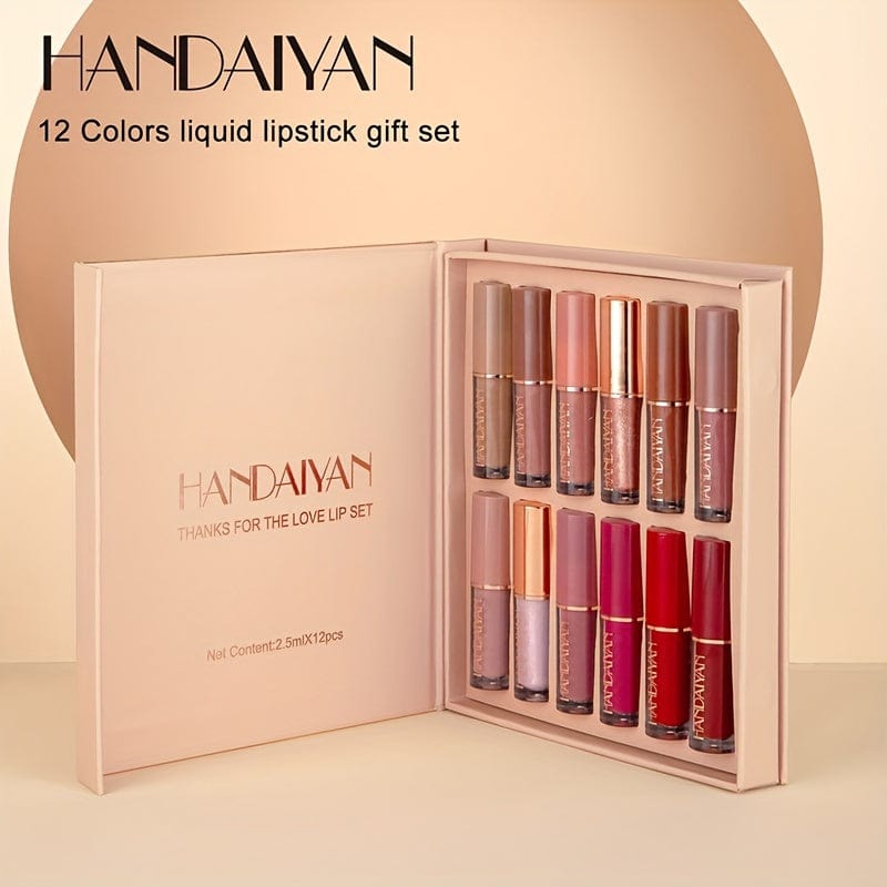 VAIRS® Normal HANDAIYAN 12 Colors Lip Gloss Set Liquid Lip Gloss Makeup Cosmetic Liquid Lipstick Smudge Proof Waterproof Lip Tint Set Mother's Day Gift