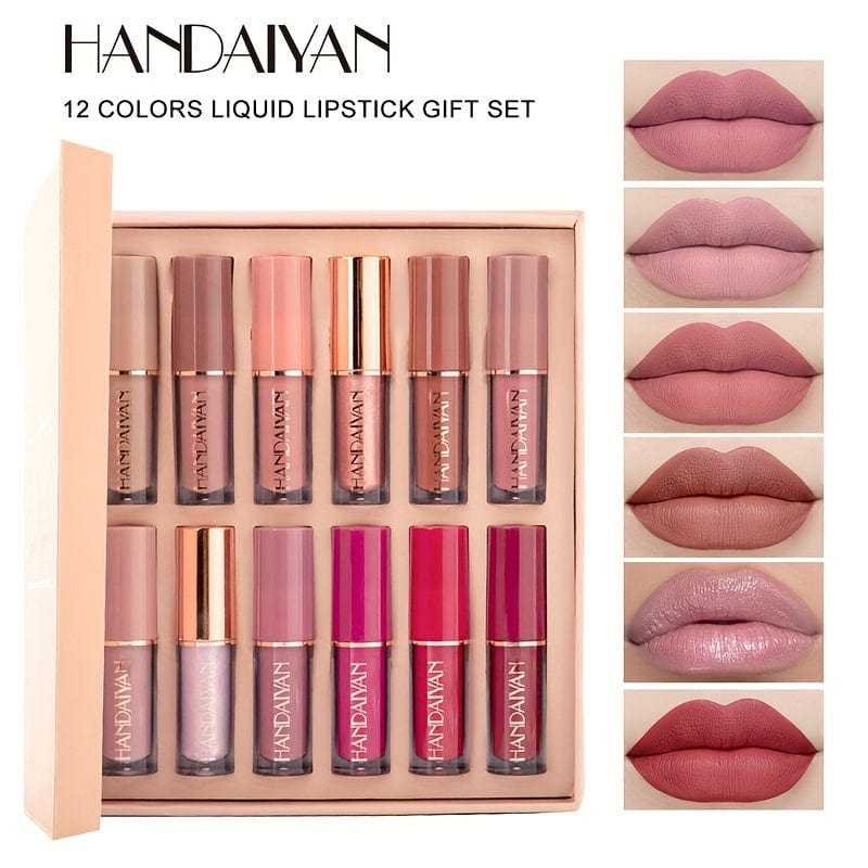 VAIRS® Normal HANDAIYAN 12 Colors Lip Gloss Set Liquid Lip Gloss Makeup Cosmetic Liquid Lipstick Smudge Proof Waterproof Lip Tint Set Mother's Day Gift